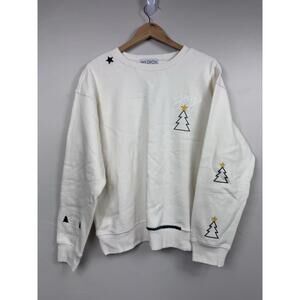 WildFox Women's L Joy Holiday Christmas Sweatshirt Embroidered Cream Trees Stars